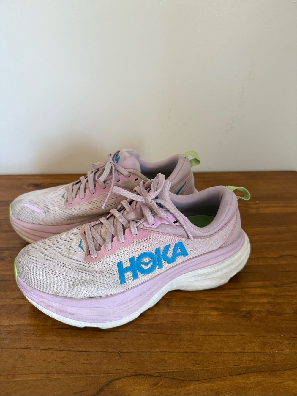 Hoka One One Women's Pale Pink Running Shoes with Blue Logo and Lime Accents